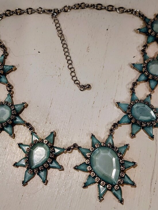 Boho Jewelry - Aqua Blue Jeweled Gypsy Starburst Silver Necklace, Boho, Statement, EUC